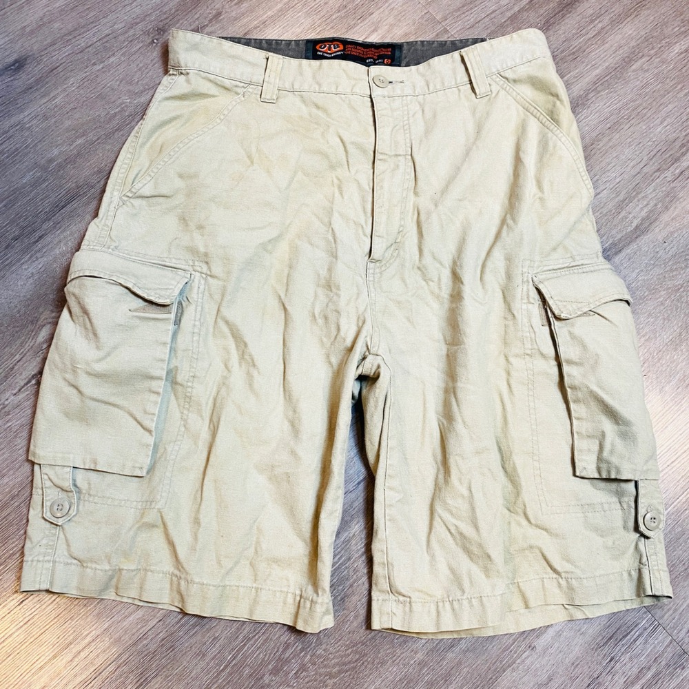 Y2K OTB One Tough Brand Mens Khaki Cargo Shorts Size 34 Ramie Cotton Utility Tan